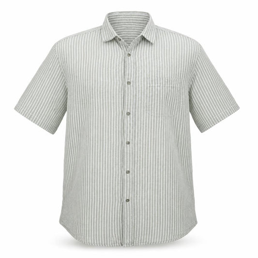 Front view of Dunnes men’s green striped linen button-up, size 2XL, collared button