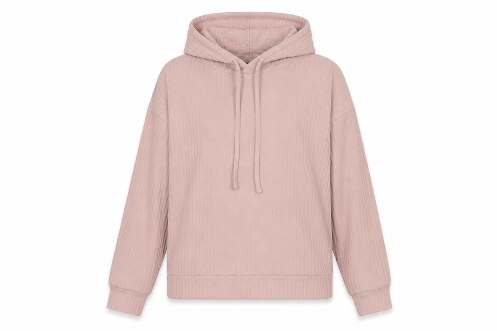 Front view of New Look women’s pink polyester pullover hoodie, size M, pullover