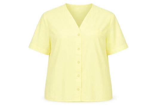 Front view of St Bernard women’s yellow polyester basic button-up, size UK 16, v-neck