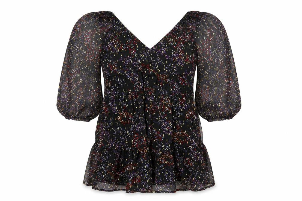 Front view of Miss Selfridge women’s black geometric polyester a-line, size UK 10, square neck pullover
