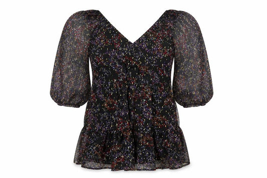 Front view of Miss Selfridge women’s black geometric polyester a-line, size UK 10, square neck pullover