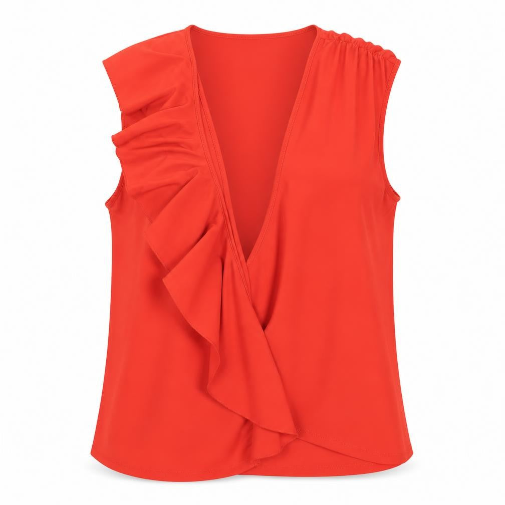 Front view of Zara women’s red polyester wrap blouse, size M, v-neck