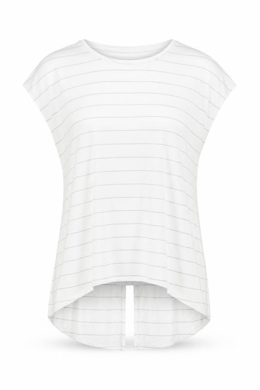 Front view of Primark women’s white striped polyester tunic t-shirt, size M, crew neck