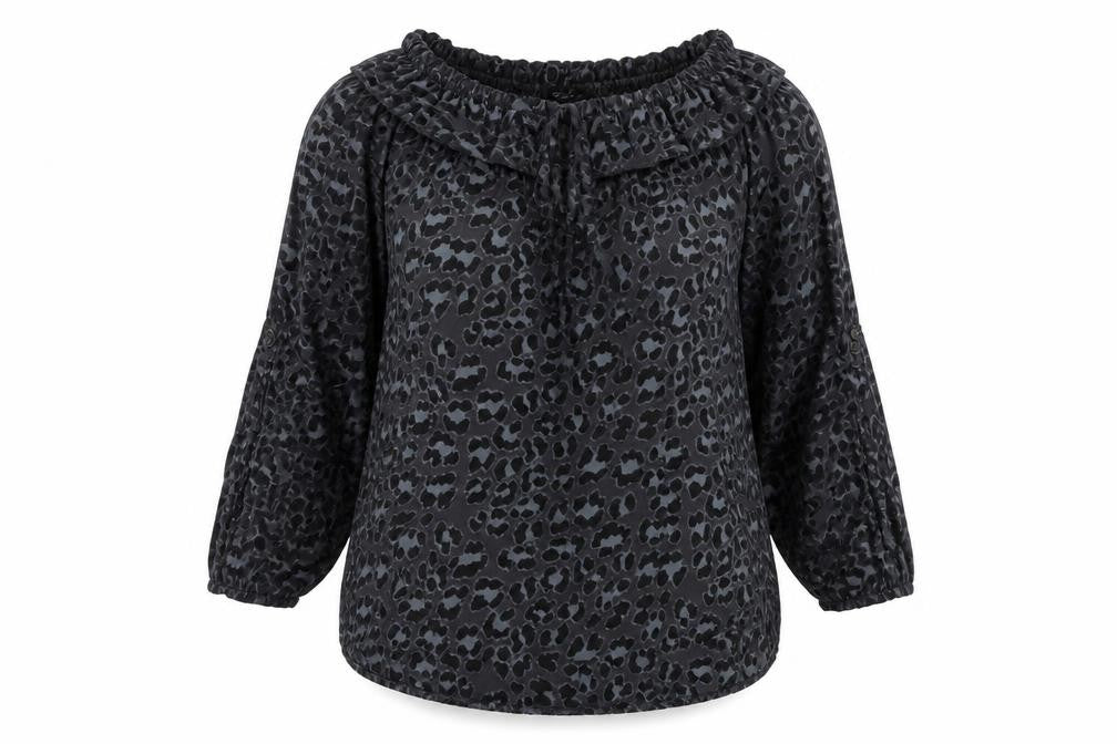 Calzonie Womens Grey Animal Print Viscose Basic Blouse Size L Off the Shoulder