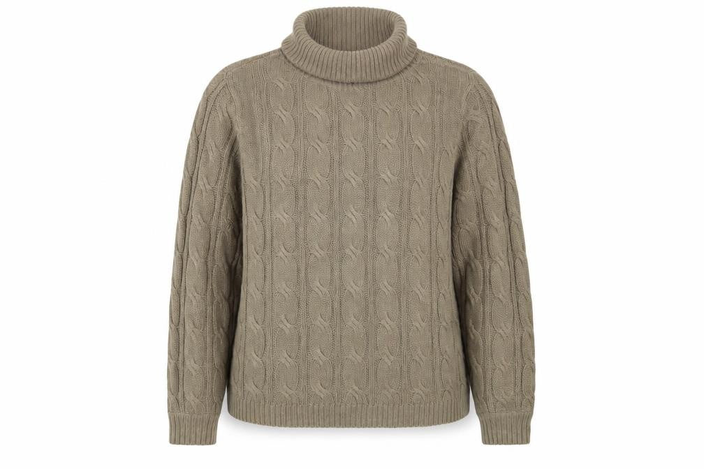 Front view of Bonprix women’s brown roll neck acrylic jumper, size L
