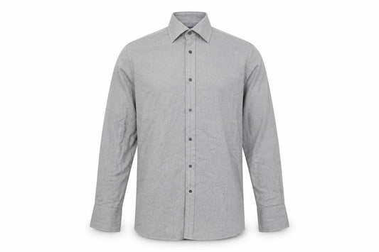 Front view of Rochas men’s grey cotton button-up, size 16, collared