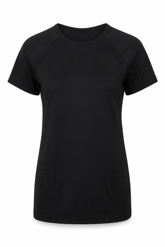 Front view of WorkOut women’s black polyester basic t-shirt, size UK 12, round neck