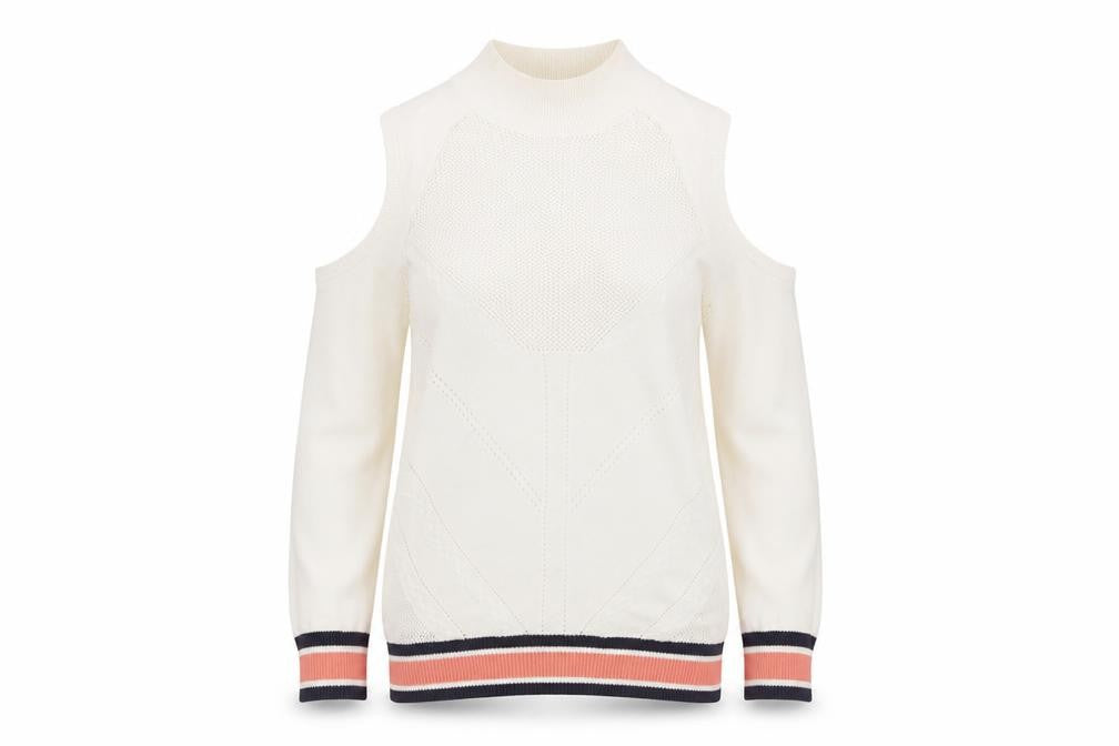 Front view of Urban Bliss women’s white round neck cotton jumper, size UK 10