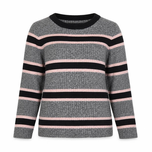Front view of Divided by H&M women’s grey round neck striped viscose jumper, size M