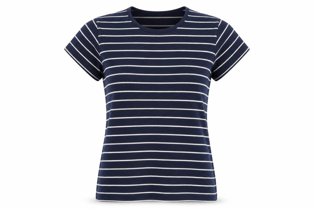 Front view of New Look women’s blue round neck striped polyester jumper, size UK 14