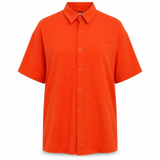 Front view of SHEIN women’s orange polyester basic button-up, size M, collared