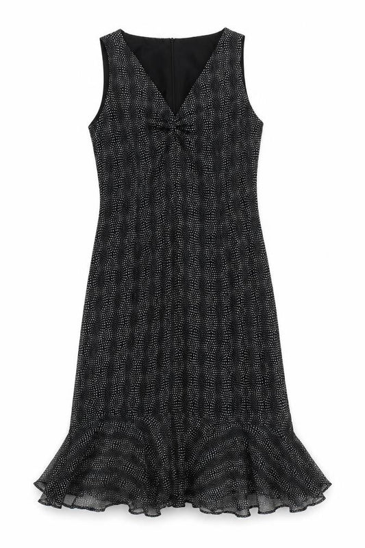 Front view of The Collection women’s black polka dot polyester fit & flare, size UK 12, round neck zip