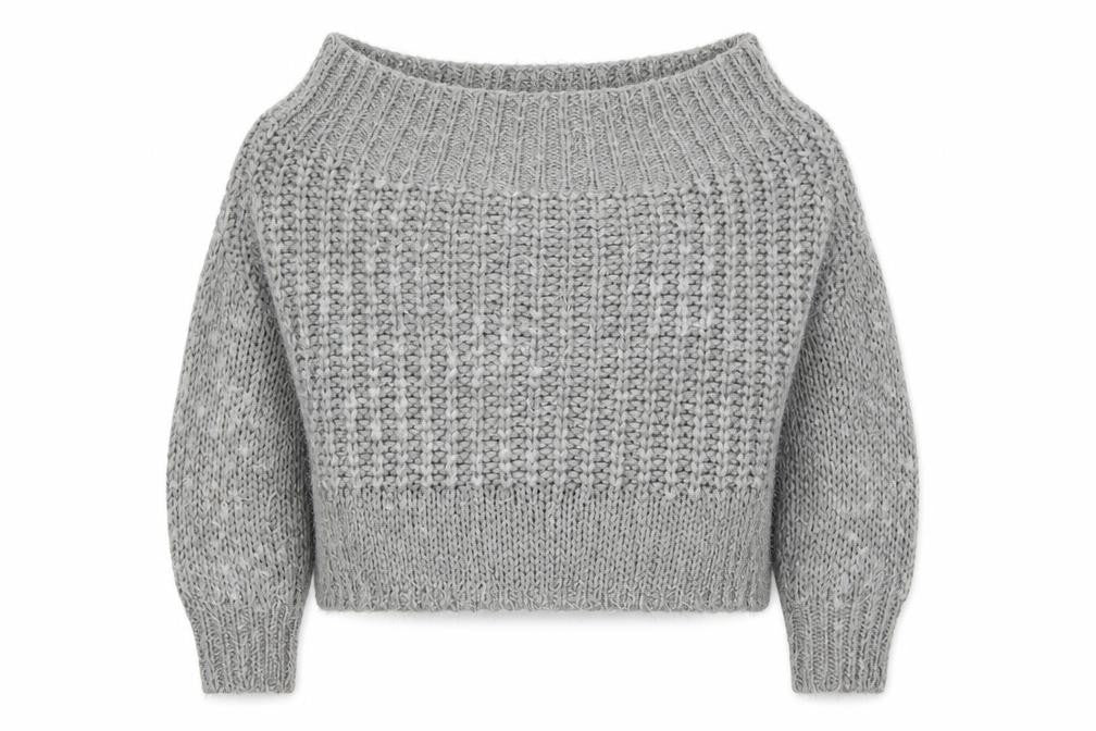 Front view of Missguided women’s grey boat neck acrylic jumper, size S