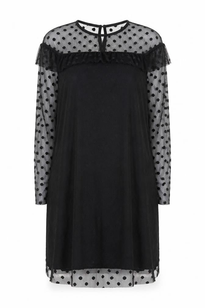 Front view of Missi London women’s black polka dot polyester shift, size UK 12, round neck