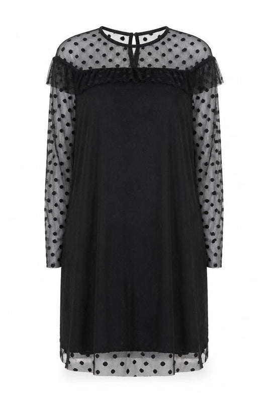 Front view of Missi London women’s black polka dot polyester shift, size UK 12, round neck