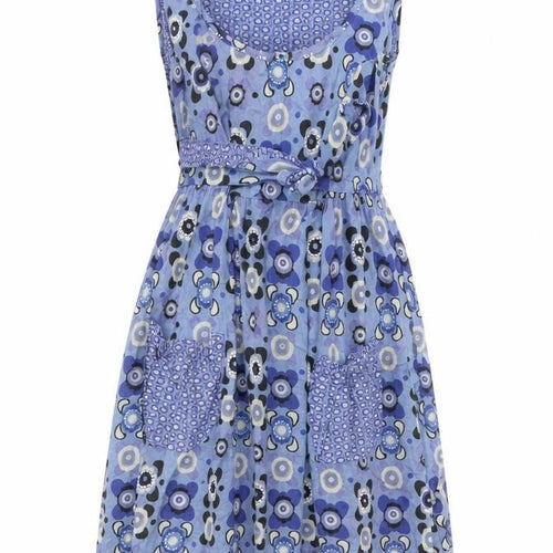 Preworn Womens Blue Geometric Cotton Skater Dress Size 10 V-Neck