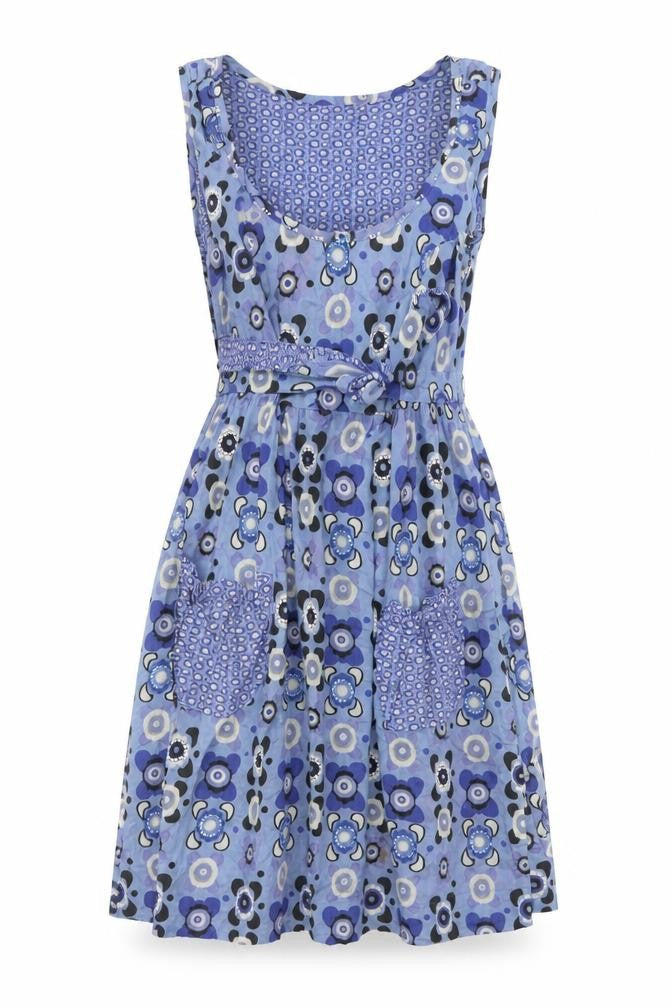 Preworn Womens Blue Geometric Cotton Skater Dress Size 10 V-Neck
