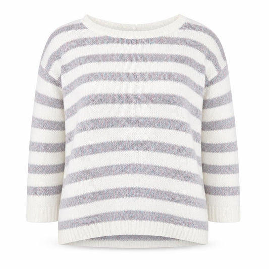 Front view of Per Una women’s multicoloured round neck striped acrylic jumper, size UK 12