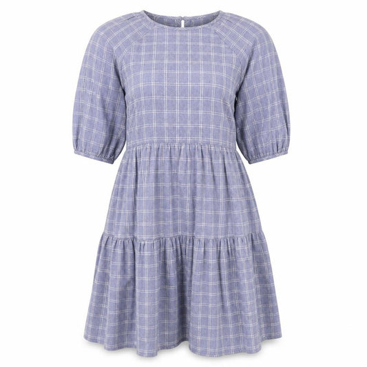 Front view of Primark women’s blue plaid 100% cotton a-line, size UK 8, scoop neck