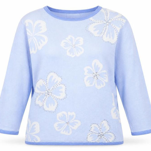 Fay Louise Womens Blue Round Neck Floral Acrylic Pullover Jumper Size M