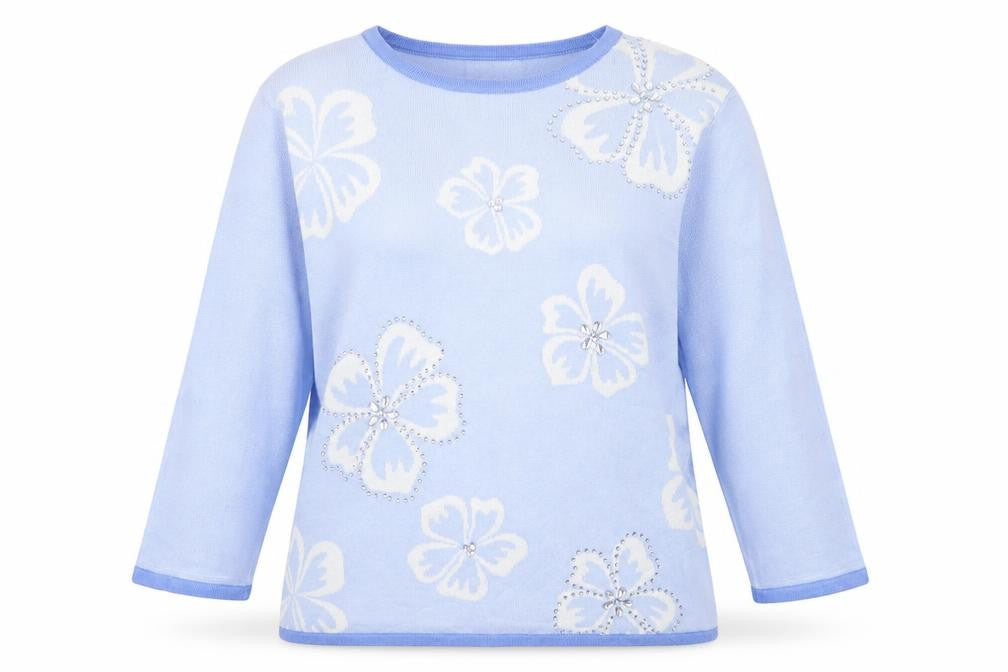 Fay Louise Womens Blue Round Neck Floral Acrylic Pullover Jumper Size M