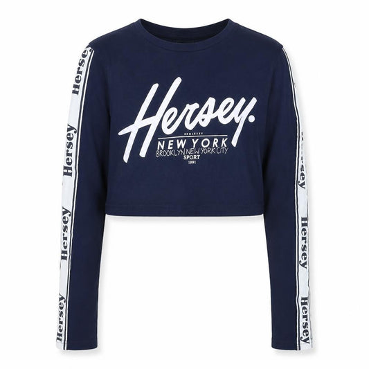 Front view of Hersey girls’ blue cotton basic t-shirt, size 12-13, years round neck pullover