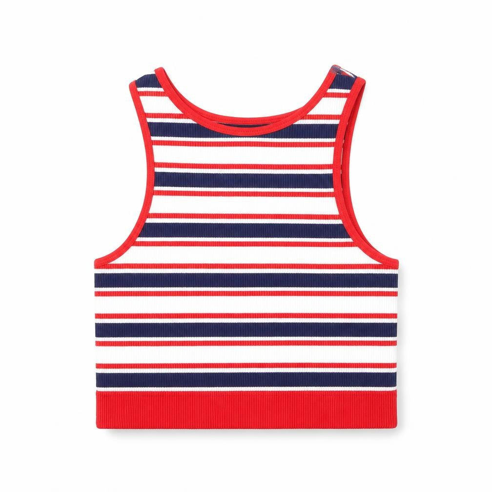 Front view of Dunnes women’s white striped nylon basic tank, size XS, round neck