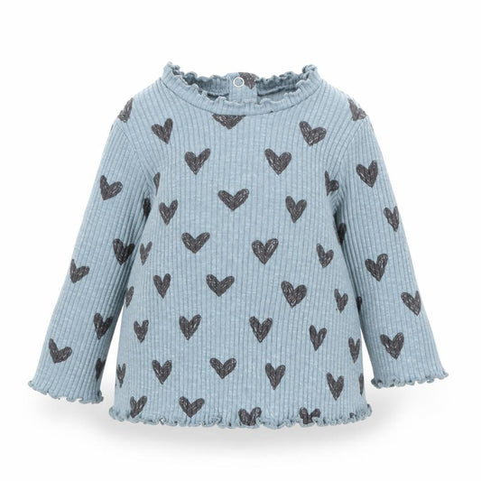 Front view of George girls’ blue cotton basic t-shirt, size 3-6, months round neck pullover - heart