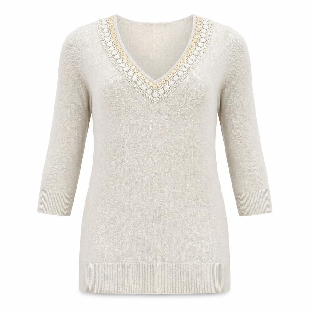 Front view of Principles women’s beige v-neck acrylic jumper, size UK 12