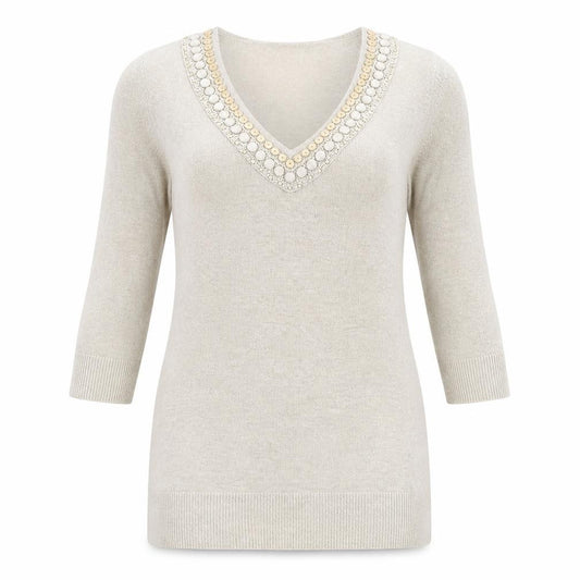 Front view of Principles women’s beige v-neck acrylic jumper, size UK 12