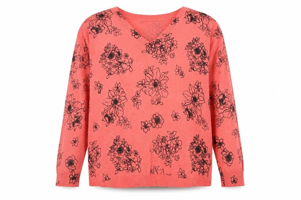 Marks and Spencer Womens Red V-Neck Floral Acrylic Pullover Jumper Size M