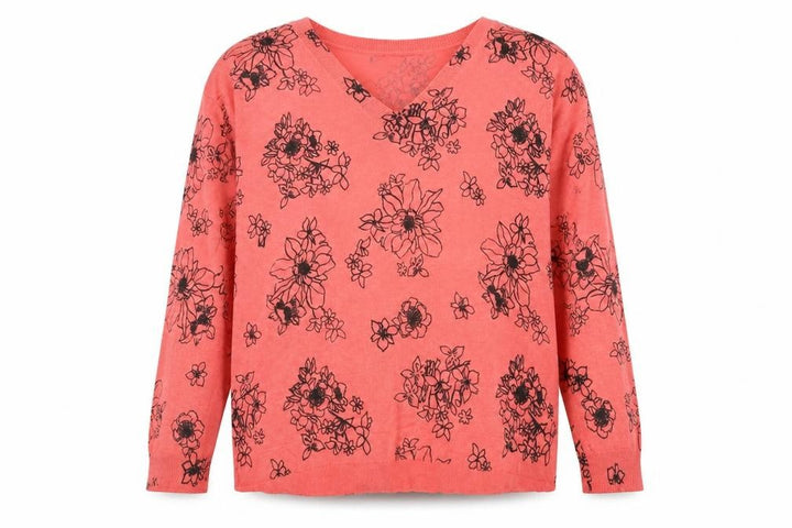 Marks & Spencer Womens Red V-Neck Floral Acrylic Pullover Jumper Size M
