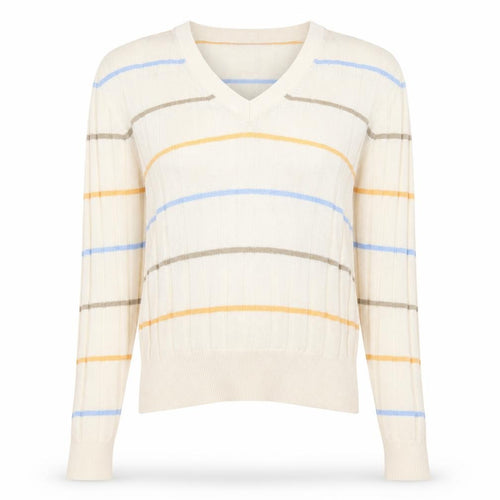 Marks & Spencer Womens Beige V-Neck Striped Polyester Pullover Jumper Size S