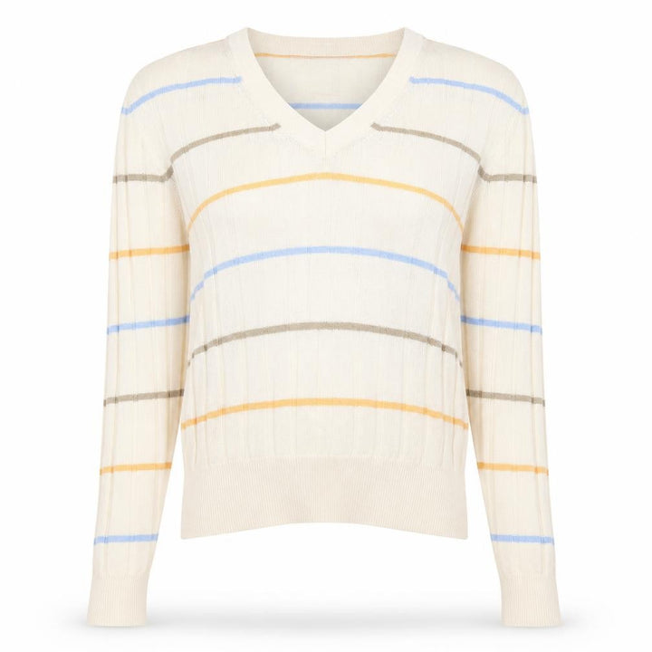 Marks & Spencer Womens Beige V-Neck Striped Polyester Pullover Jumper Size S