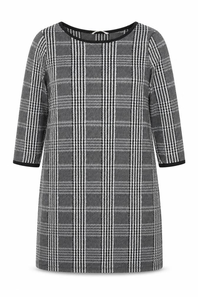 Front view of Tu women’s black round neck plaid polyester jumper, size UK 12