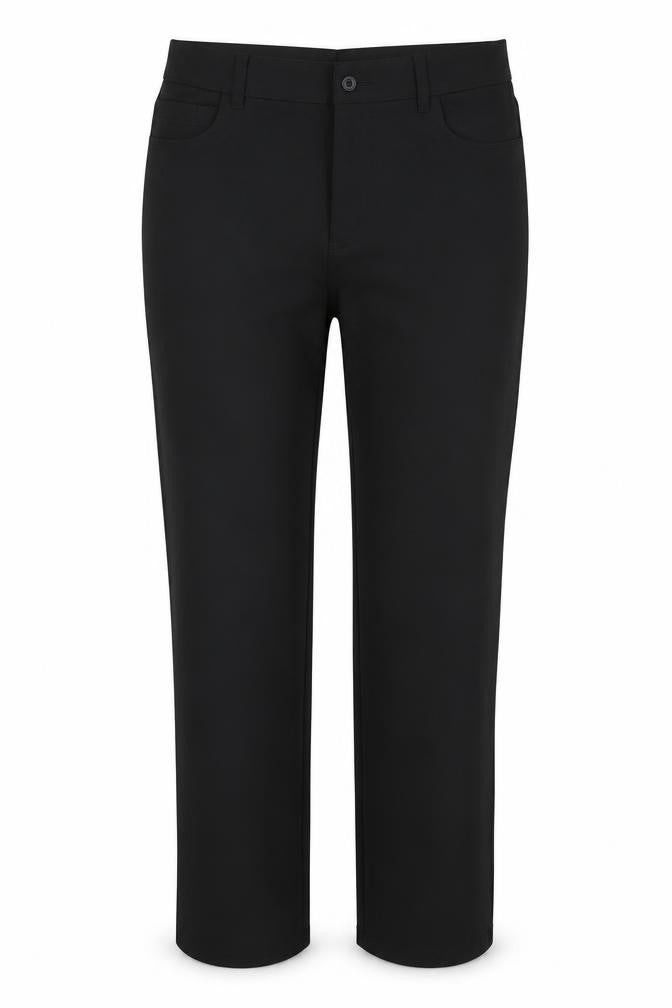 Front view of Next women’s black polyester trousers, size UK 38, 31-inch leg regular