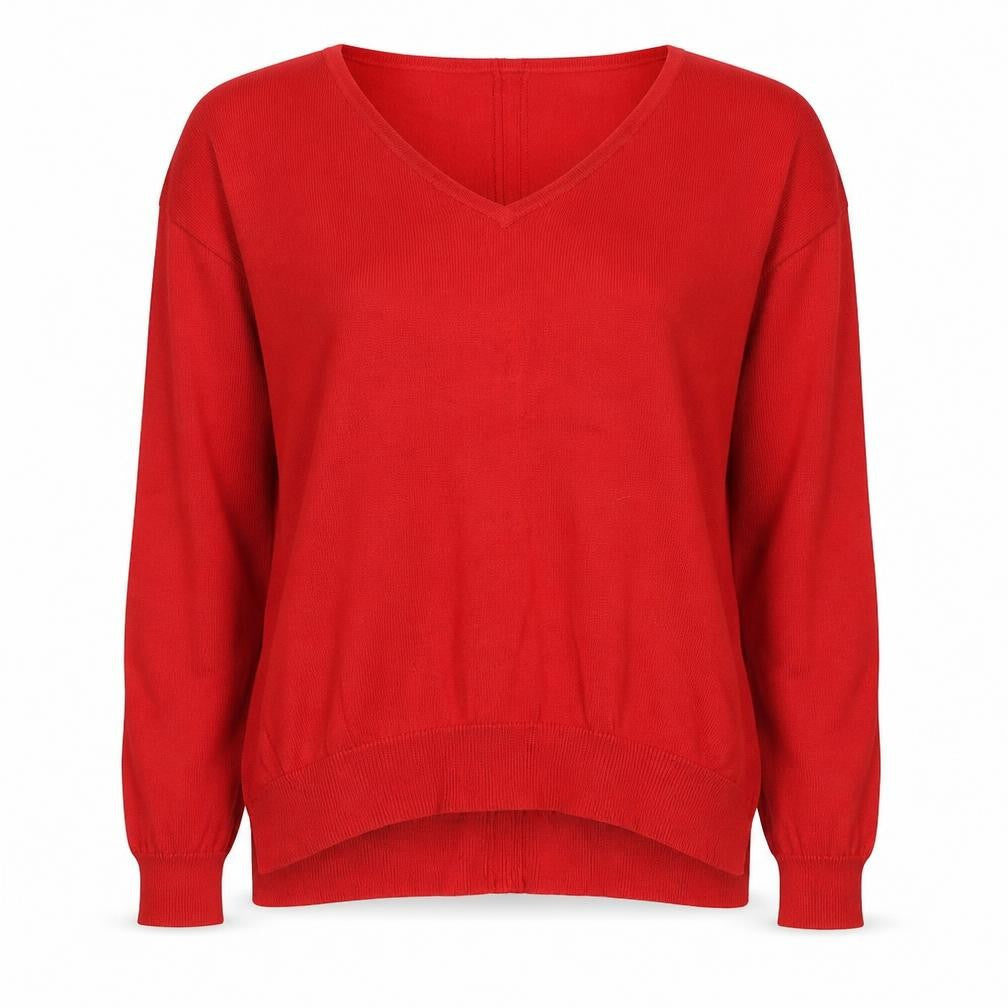 Front view of ASOS women’s red v-neck cotton jumper, size UK 8