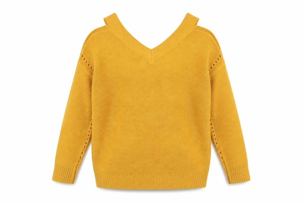 Front view of F&F women’s yellow v-neck acrylic jumper, size UK 8
