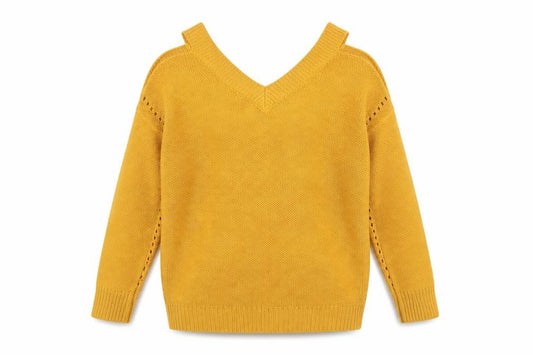 Front view of F&F women’s yellow v-neck acrylic jumper, size UK 8