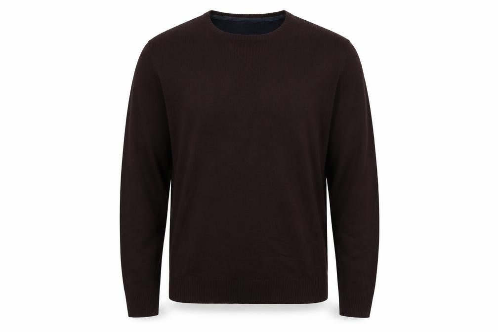 Front view of Industralize men’s brown round neck acrylic jumper, size XL