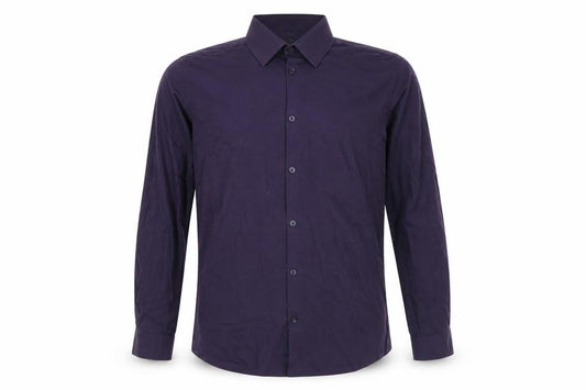 Front view of Cedarwood State men’s purple striped cotton button-up, size M, collared