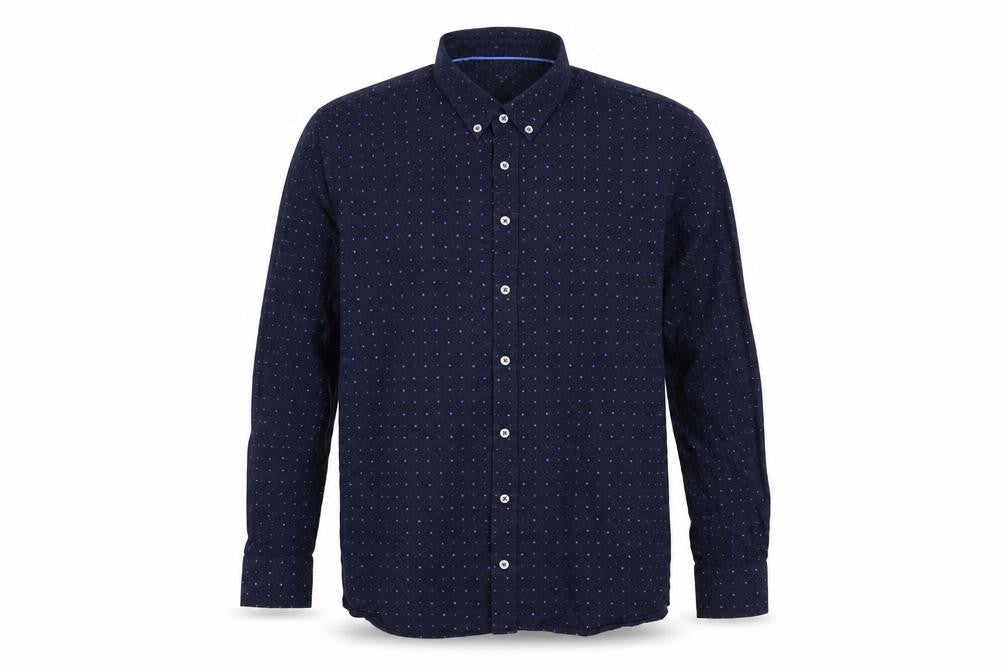 Front view of Scott & Wade men’s blue polka dot cotton button-up, size 2XL, collared