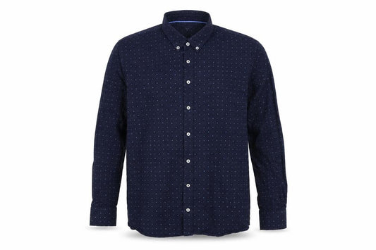 Front view of Scott & Wade men’s blue polka dot cotton button-up, size 2XL, collared