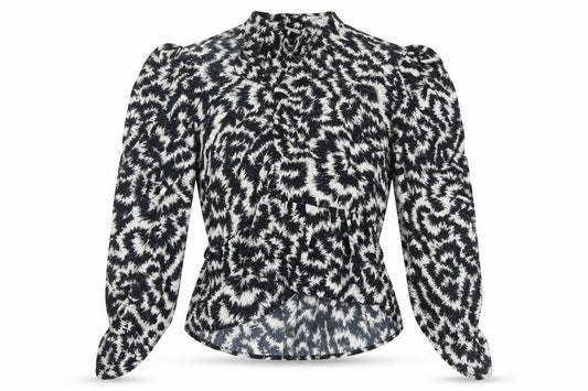 Front view of Topshop women’s white geometric polyester basic blouse, size UK 8, v-neck