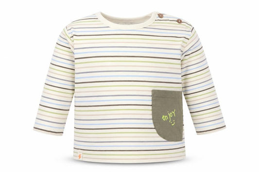 Front view of Willow boys’ multicoloured striped cotton basic t-shirt, size 12-18, months round neck pullover