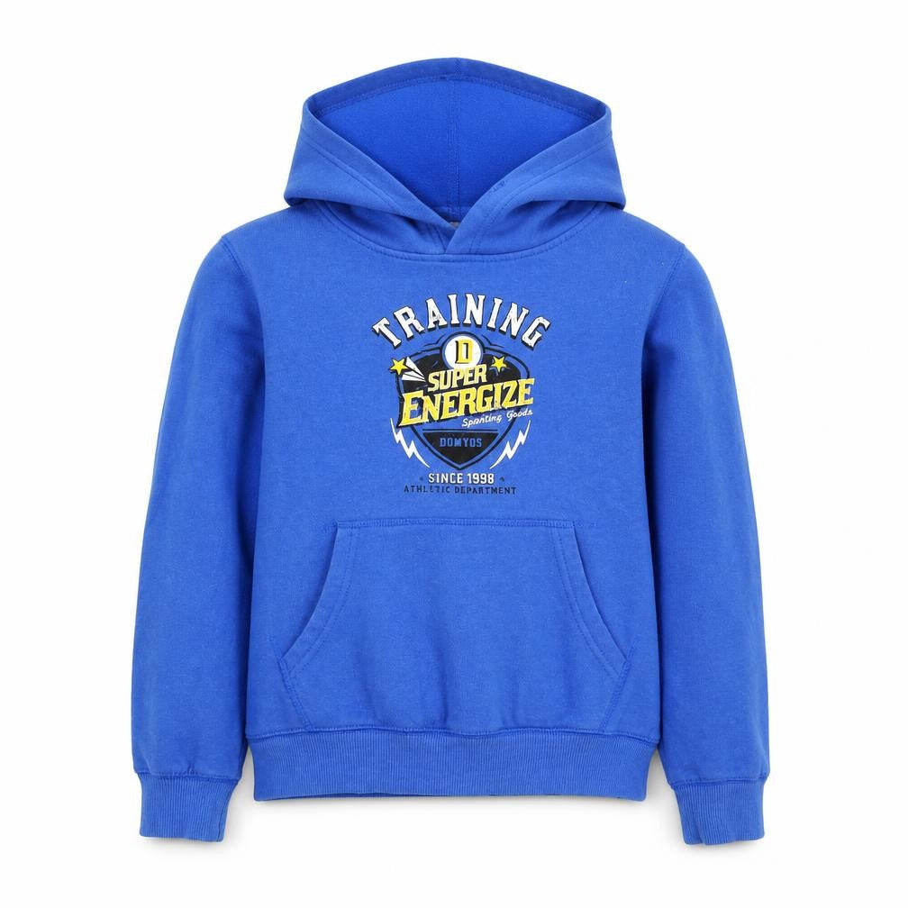 Front view of Domyos boys’ blue cotton pullover hoodie, size 12, years pullover
