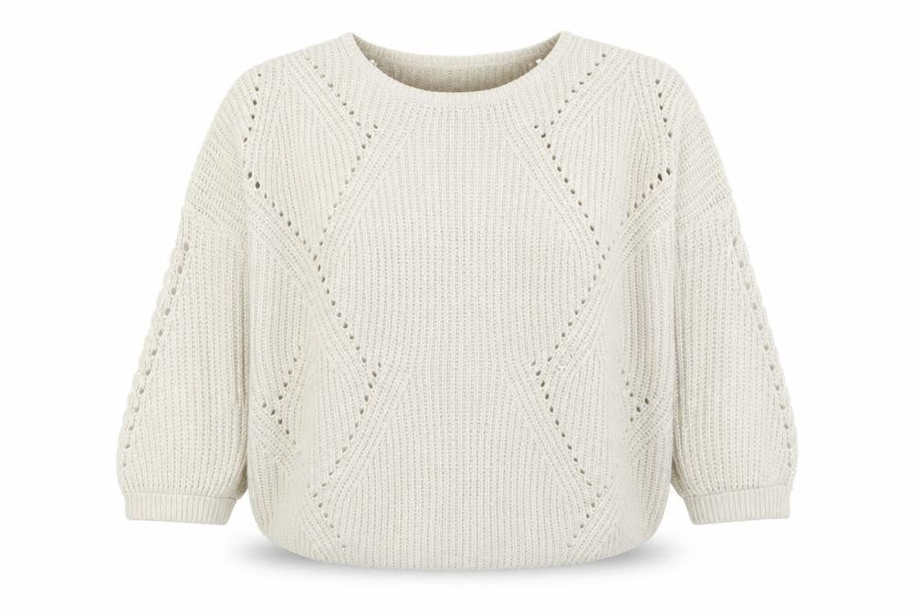 Front view of Warehouse women’s beige round neck acrylic jumper, size UK 12