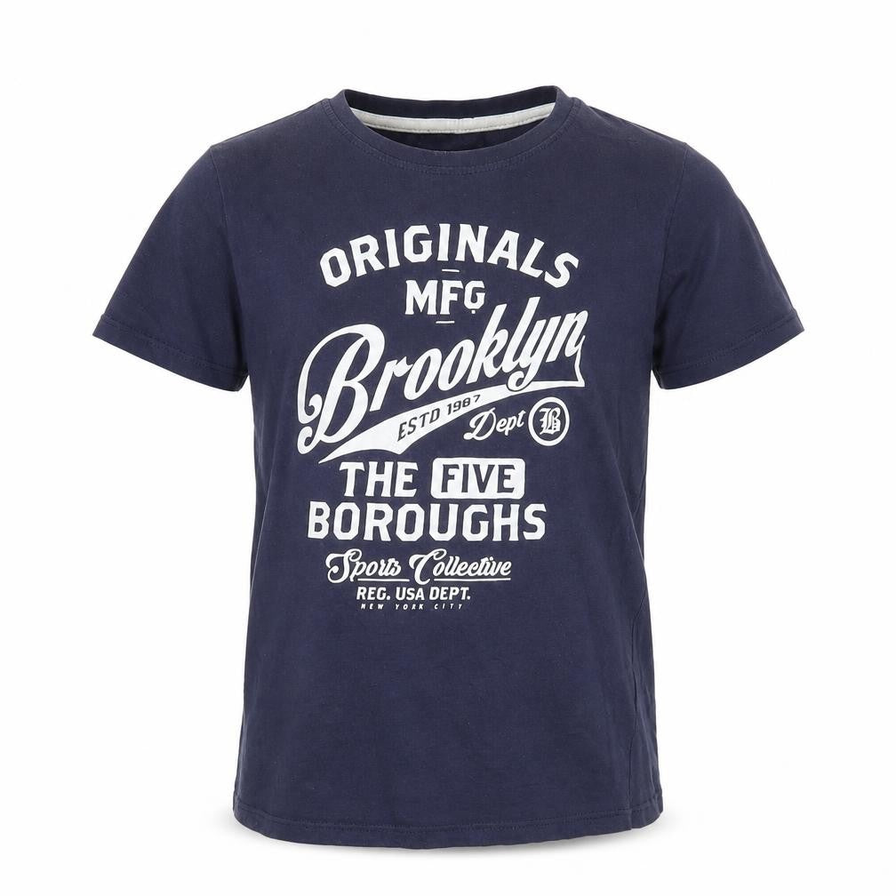 Front view of Primark boys’ blue polyester basic t-shirt, size 8-9, years crew neck - brooklyn