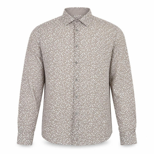 Front view of Devreo men’s grey floral cotton button-up, size L, collared button