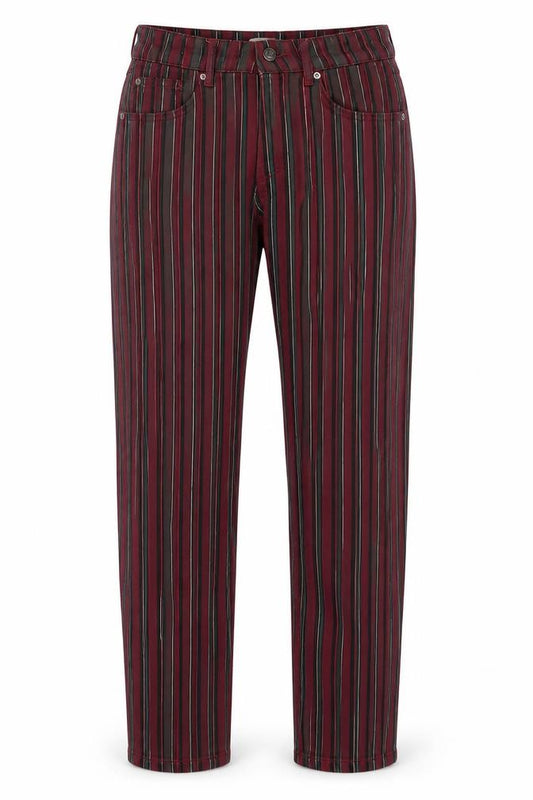 Front view of Pull&Bear women’s multicoloured striped cotton trousers, size UK 26, in, 28-inch leg regular button